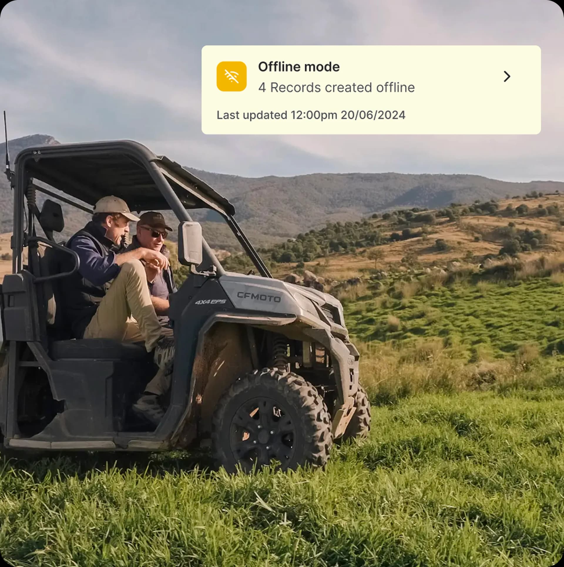 Two graziers in a CFMOTO 4x4 utility vehicle on rangeland, with an offline-mode notification overlay