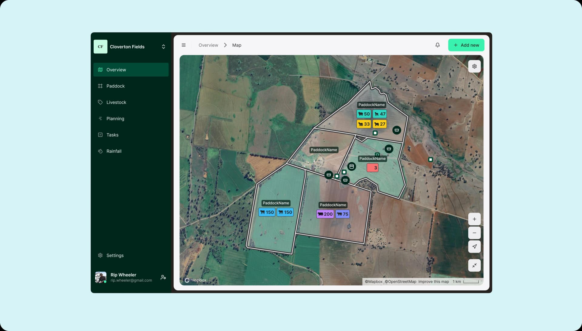 Maia desktop dashboard — Cloverton Fields paddock map with mob chips overlaid on satellite imagery