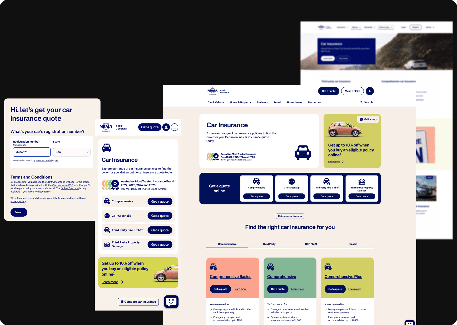 NRMA car insurance quote journey — desktop, tablet, and mobile screens showing the legacy acquisition flow