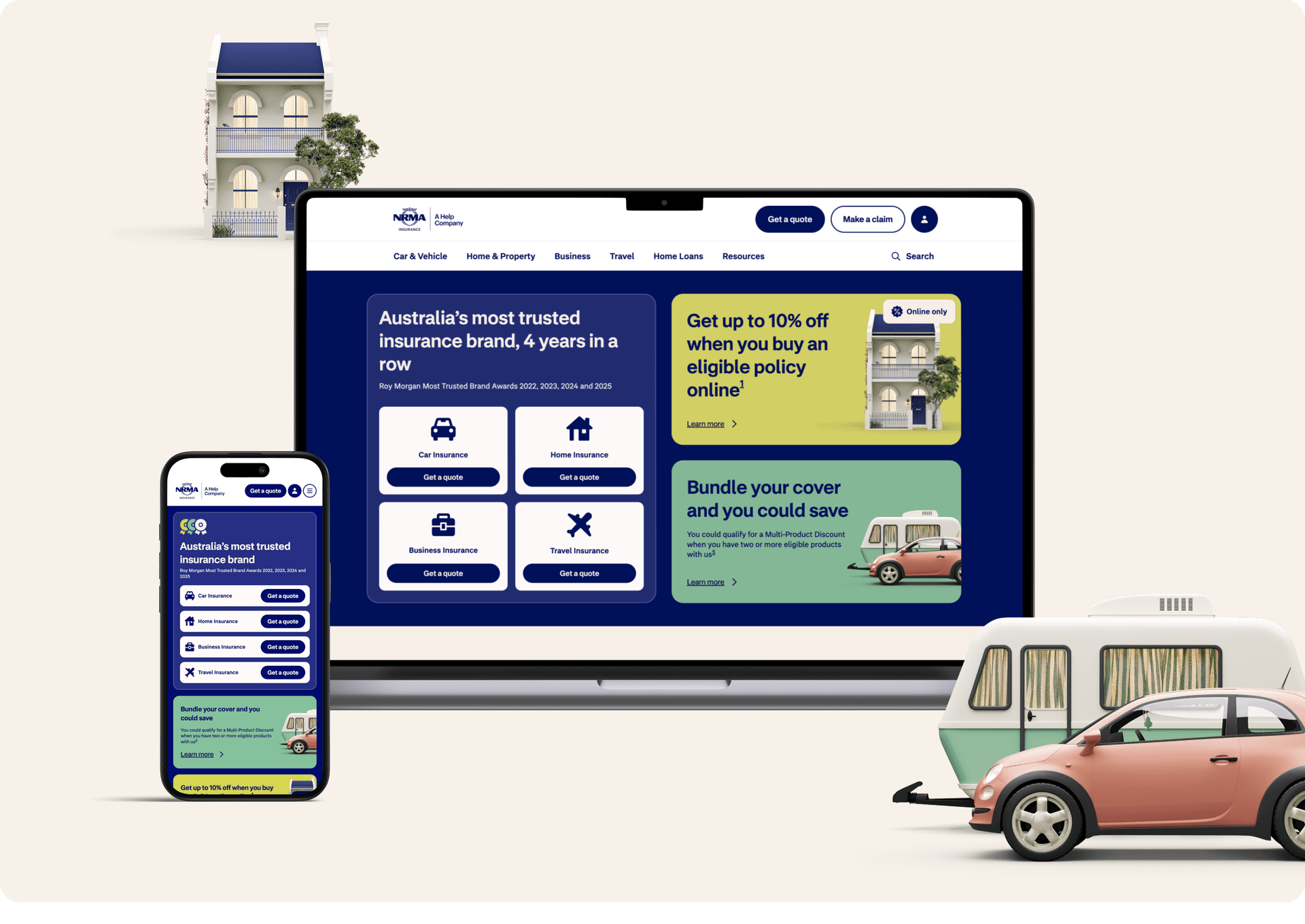IAG / NRMA acquisition redesign — desktop and mobile mockups for car and home insurance journeys