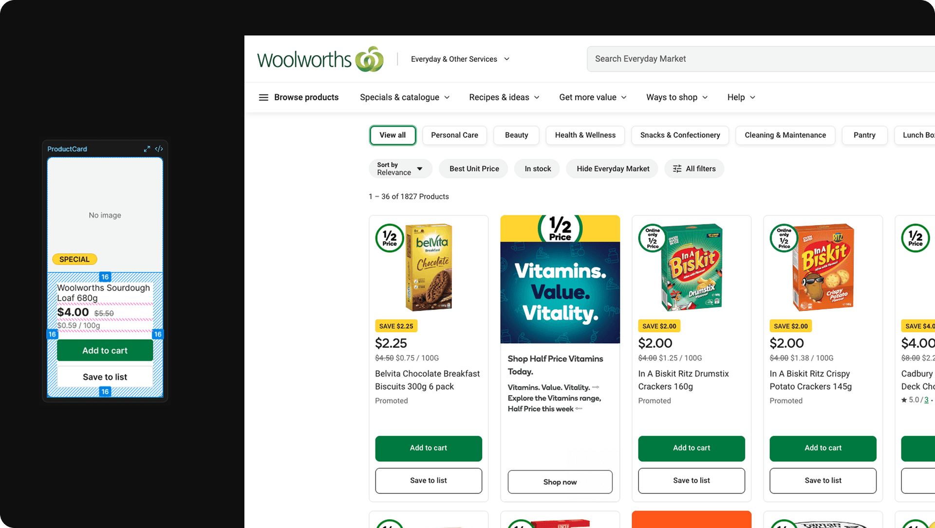Woolworths ProductCard component live on woolworths.com.au