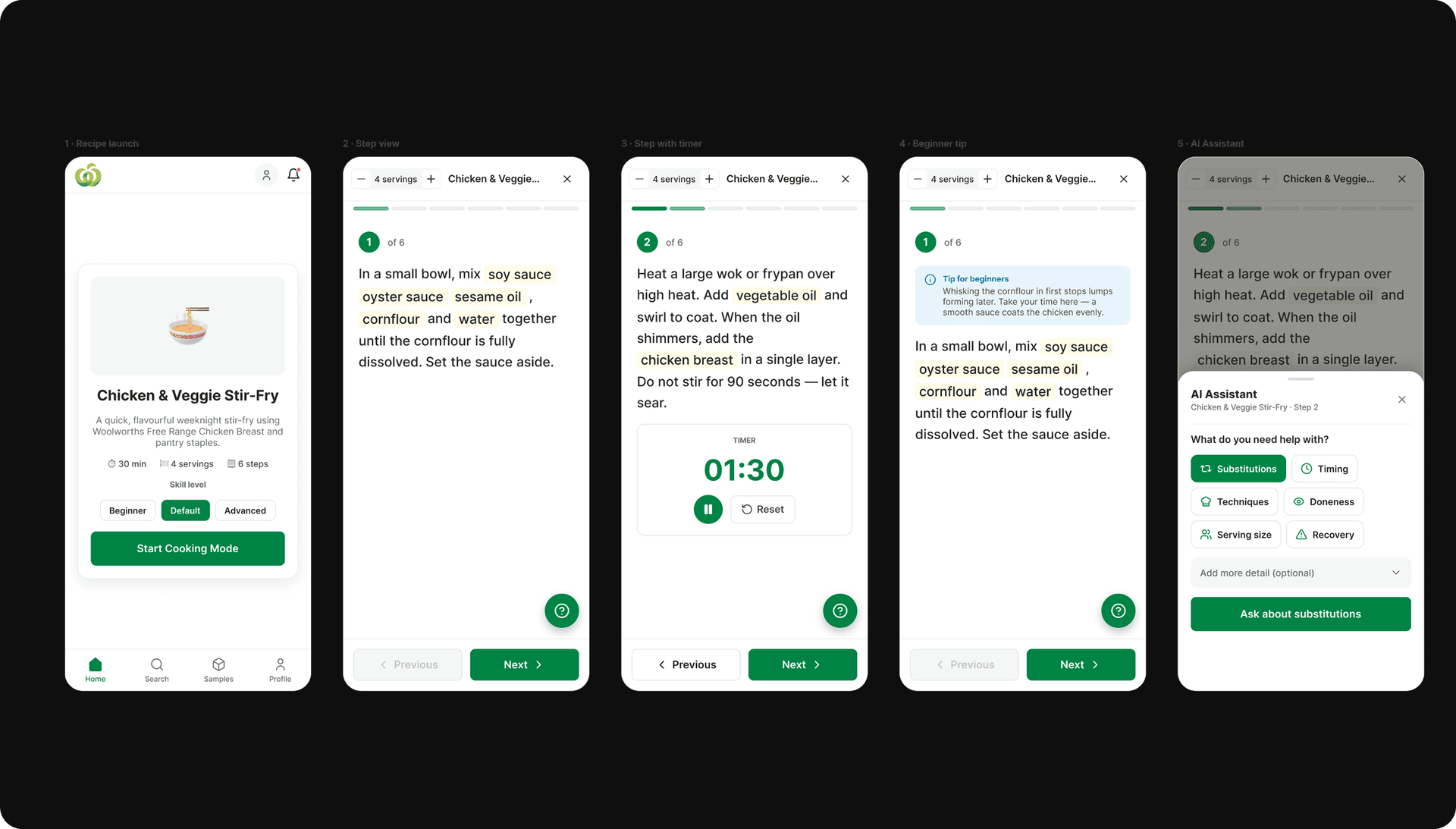 Woolworths guided Cooking Mode, a step-by-step mobile flow with a built-in assistant