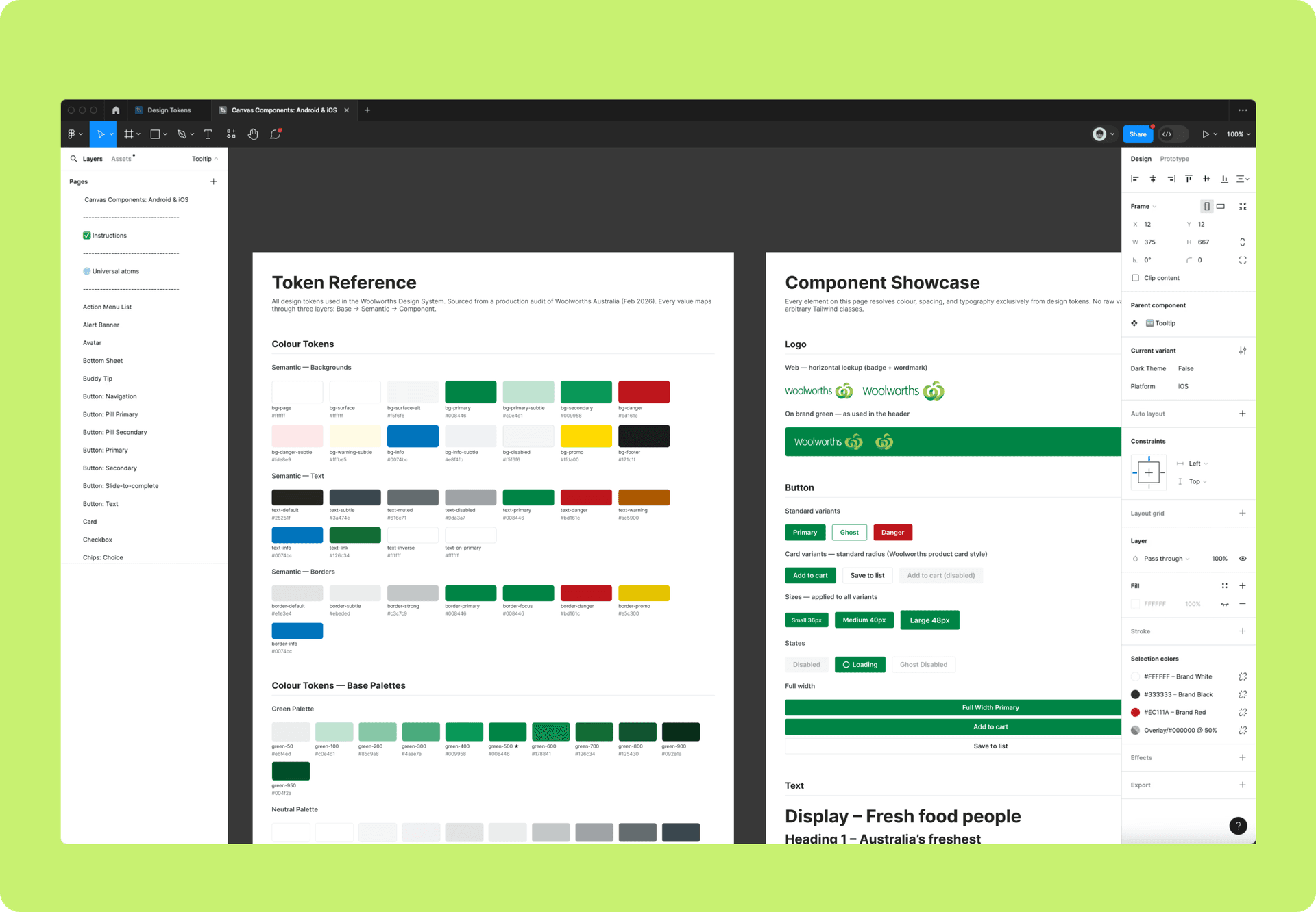 Woolworths Design System token reference and component showcase in Figma