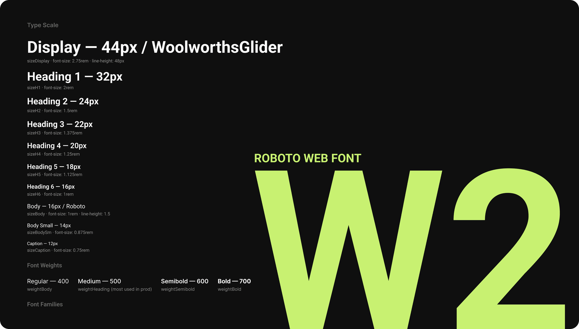 Woolworths Design System type scale and Roboto web font foundations