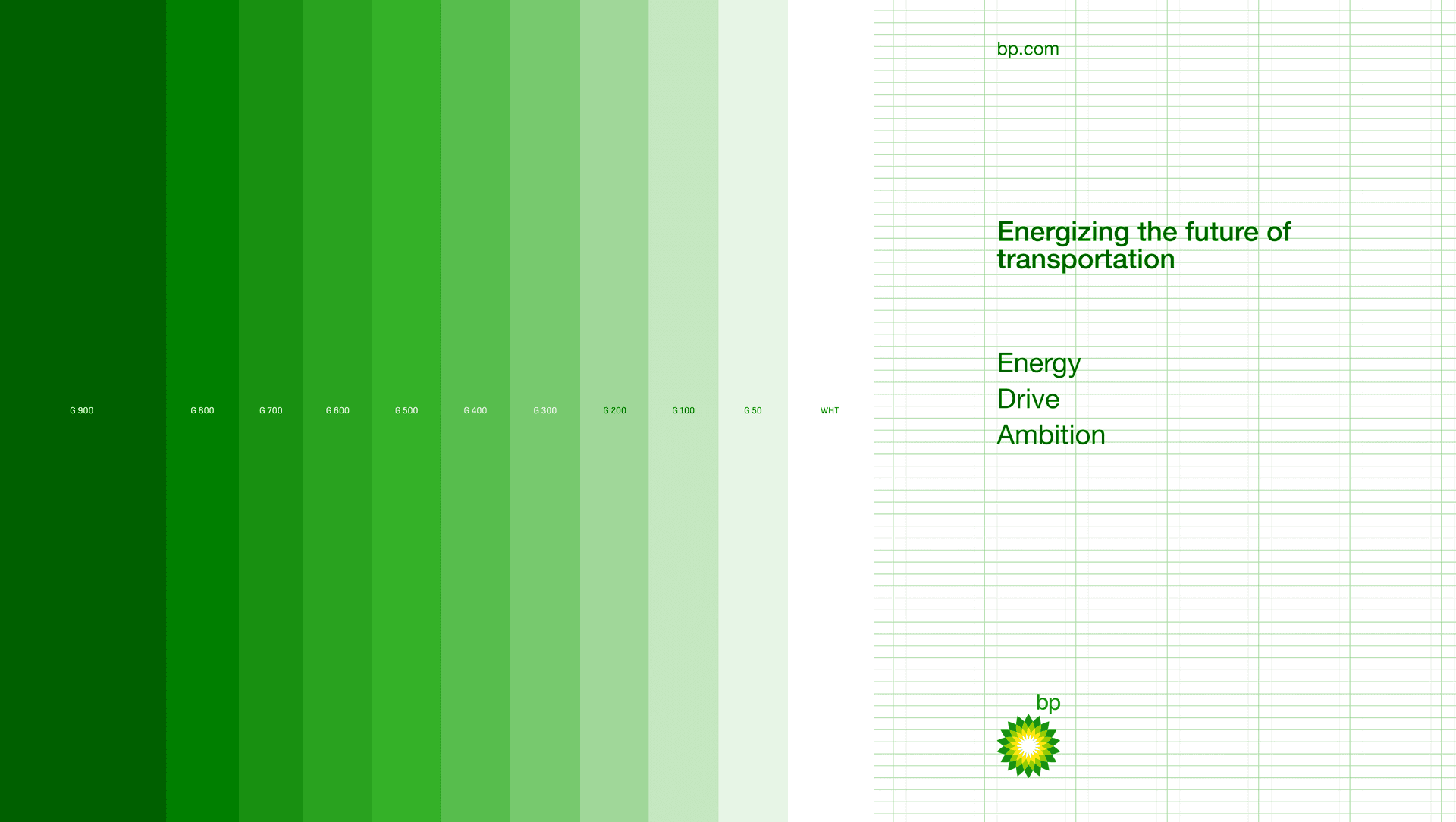 bp brand colour ramp — eleven greens from G 900 to WHT alongside a brand poster reading Energizing the future of transportation with the words Energy, Drive, Ambition