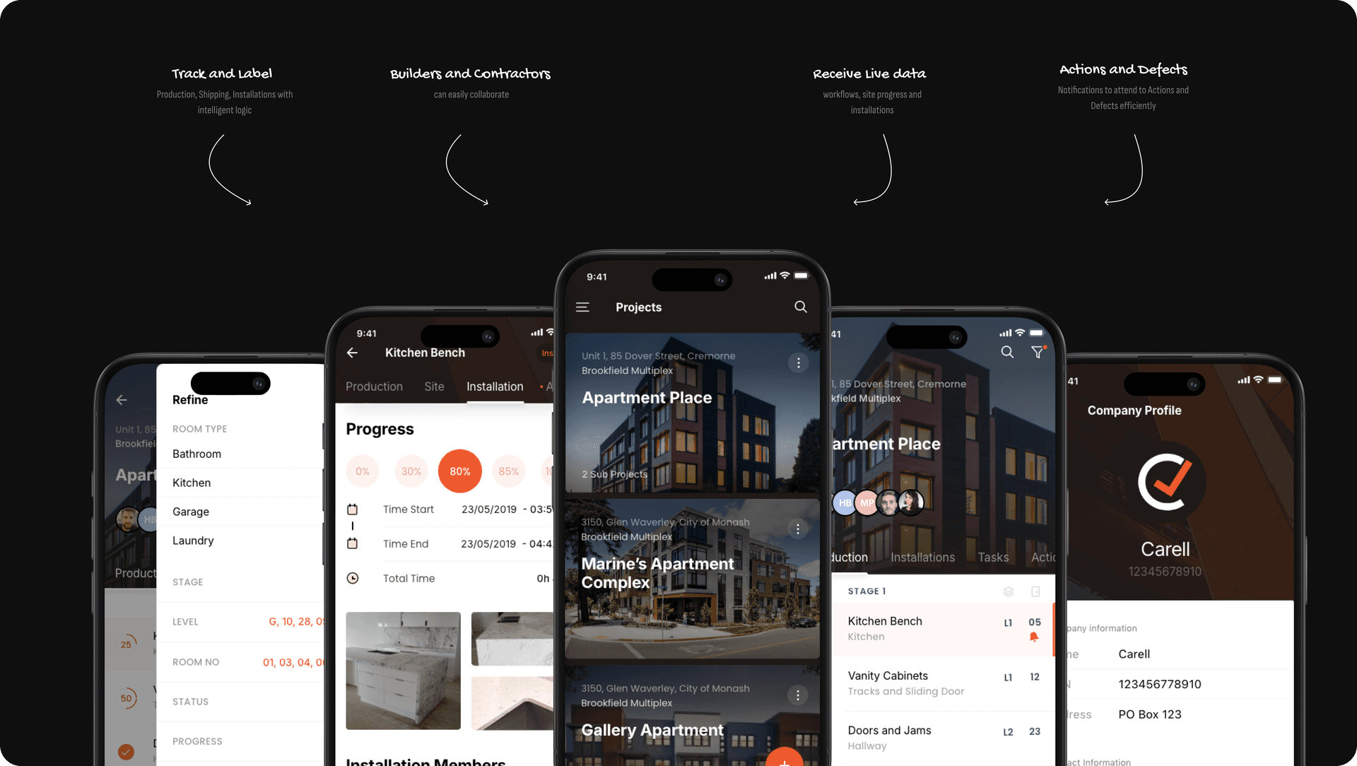 Five Carell app screens fanned across a dark canvas with hand-drawn annotations — Track and Label production, shipping, and installations; Builders and Contractors can easily collaborate; Receive live data on workflows, site progress, and installations; Actions and Defects notifications