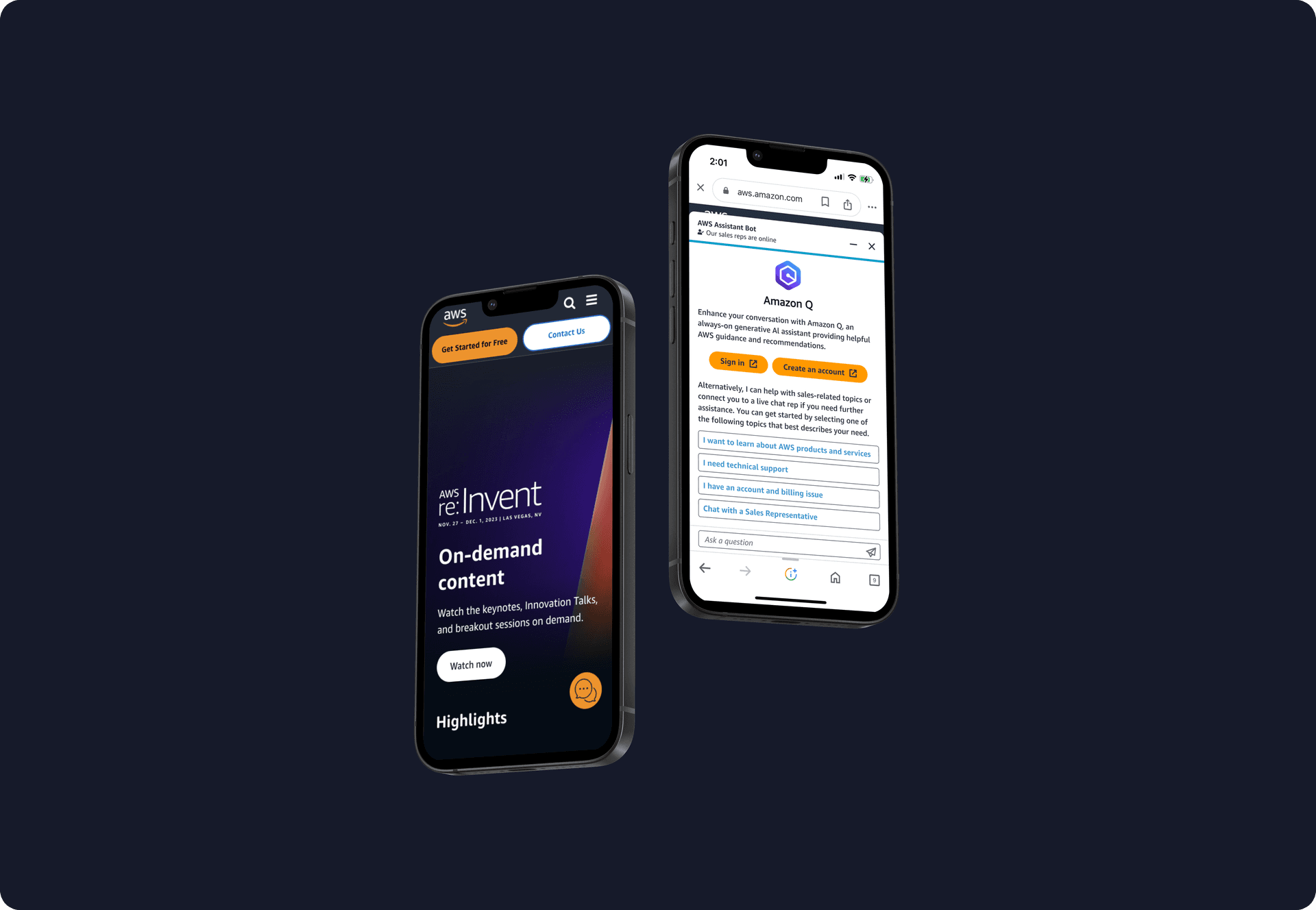 AWS chatbot redesign — two iPhone mockups showing the conversational support entry and an active triage flow